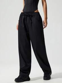 Menodora SHEIN Sport Pantalones largos casuales y sueltos de unicolor tejidos para mujeres - Negro - Ver 6