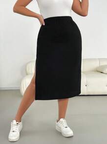 SHEIN Essnce 大码女装春夏时尚休闲基本款日常百搭高弹力纹理面料黑色高开叉裙，简约风格，性感裙子，女式下装，外出装，欧洲夏季 - 黑色 - 查看 5