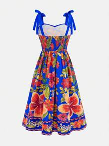 Tween-Mädchen Lässiges Resort-Midikleid mit gewebtem tropischem Blumenmuster und Farbblock, Schleife an der Taille, Bohemian - Königsblau - Übersicht 4