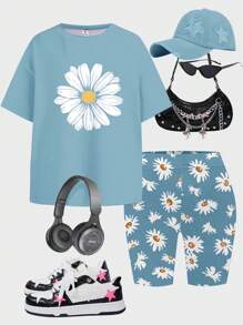 SHEIN Bộ trang phục 2 món áo thun tay ngắn tối giản thường ngày dành cho bé gái tuổi teen và quần short, phù hợp cho mùa hè - Nhiều màu - Xem 3