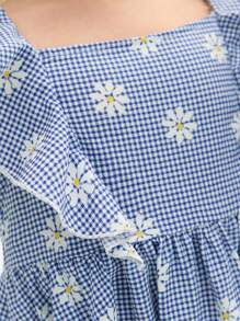 SHEIN 年轻女孩休闲可爱甜美方领荷叶边下摆中长连衣裙