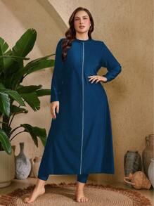 Swim Mulvari Bộ 2 món/Bộ đồ bơi Burkini trơn cỡ lớn cho nữ: Áo tankini lót trang trí và quần cạp cao màu trơn - Màu xanh ngọc - Xem 1