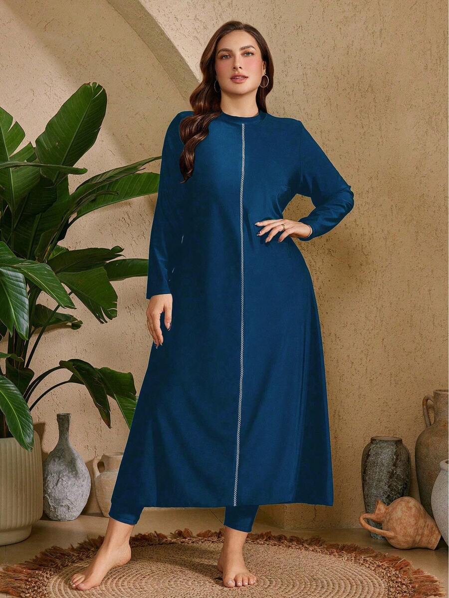 Swim Mulvari Bộ 2 món/Bộ đồ bơi Burkini trơn cỡ lớn cho nữ: Áo tankini lót trang trí và quần cạp cao màu trơn - Màu xanh ngọc - Xem 1
