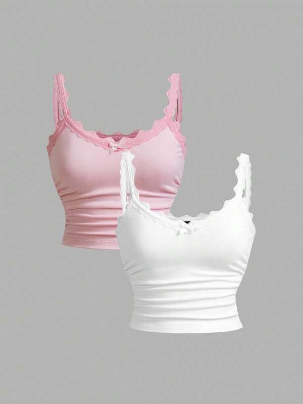 SHEIN MOD 2pcs Women Lace Trim Bowknot Waist Ruched Crop Cami Top Set, Casual Summer, Music Festival Back To School