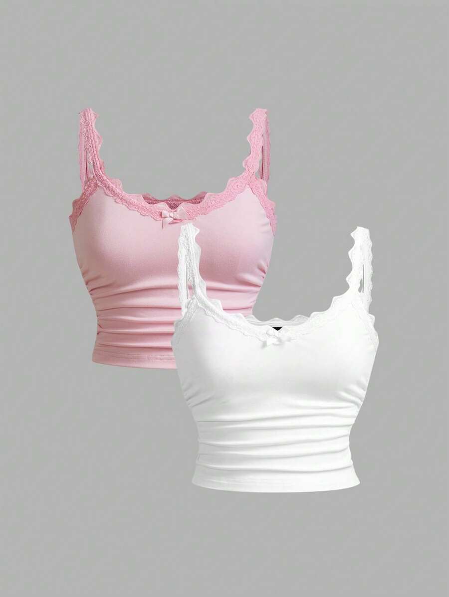 SHEIN MOD 2pcs Women Lace Trim Bowknot Waist Ruched Crop Cami Top Set, Casual Summer, Music Festival Back To School - Multicolor - View 1