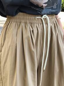 FRIFUL Women's Casual Solid Color Drawstring Waist Wide Leg Pants, Everyday Wear - Khaki - View 12