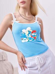 The Smurfs X SHEIN Damen Casual Cute Cartoon Muster Farbblock Schleife Dekor Camisole Top, Sommer