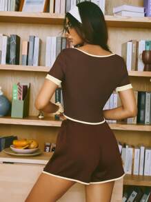Casual Bow Print Lounge Set, Suitable For Outerwear Holiday Season - Coffee Brown - View 2