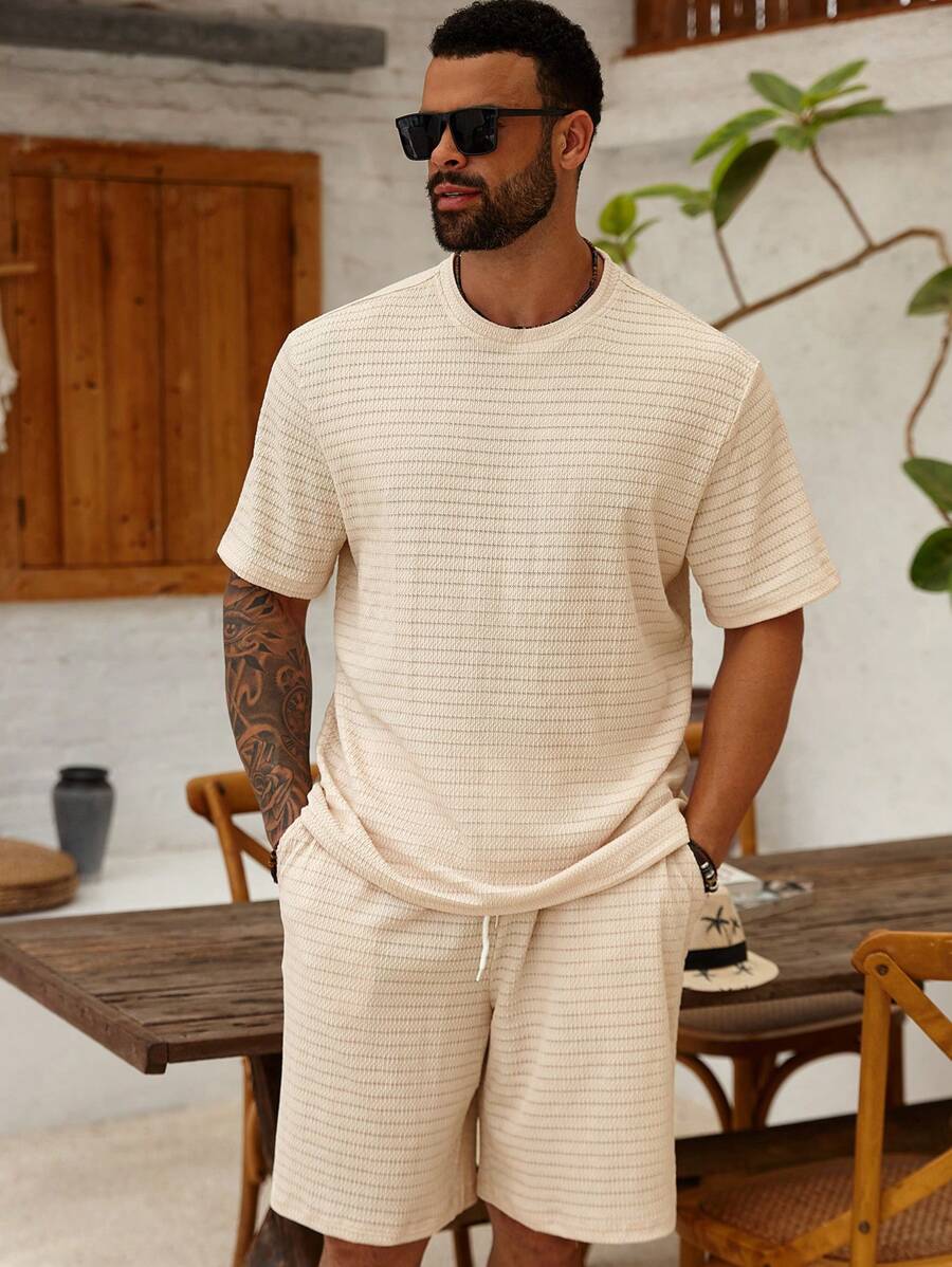 Manfinity Homme Bộ áo phông tay ngắn cổ tròn kẻ sọc cỡ lớn cho nam, mùa hè - Màu Khaki - Xem 1