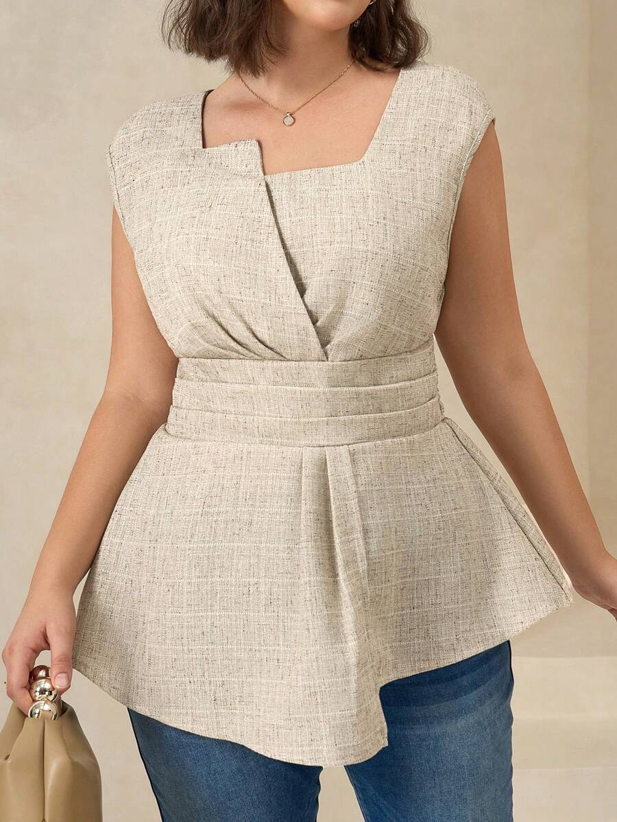 Chikora Plus Size Casual Asymmetric Sleeveless Shirt, Summer - Apricot - View 1