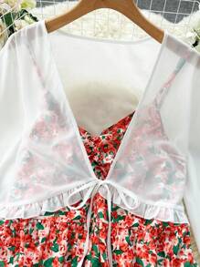 SHEIN LUNE 大码乡村浪漫碎花吊带连衣裙和轻薄雪纺开衫两件套，夏季女装，夏季套装，工作夏季连衣裙，女装套装 - 彩色 - 查看 3