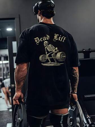 Manfinity Sport Corelite Manfinity Boyfriend Style Heren Letter & Schedel Print Ronde Hals Korte Mouw Sport T-shirt, Fitness, Casual, Halloween Leuke Schedel Gewichtheffen Print Workout Tops Gym Top Ademend