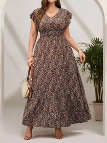 SHEIN Clasi Plus Size Women V-Neck Printed Long Dress,Long Flowing Beautiful Dress Dresses For Women Summer Dresses For Women Summer Dress - Multicolor - View 6