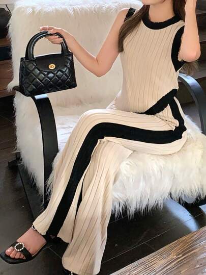 SHEIN 1. 青少年女孩休闲、舒适、居家、运动、罗纹撞色短款背心和喇叭腿瑜伽裤套装 2. 米色优雅学院风连衣裙，夏季、聚会、派对、舞会、学院风、优雅/舒适撞色、返校