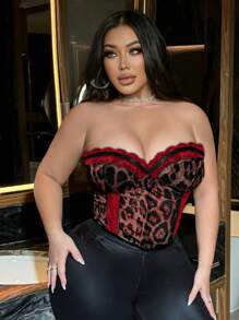 NU&NOW Plus Size Corset Tops For Women Sexy Sheer Daily Date Adjustable Padded Leopard Print Lace Patchwork Plus Size Bandeau Crop Top - Redwood - View 3