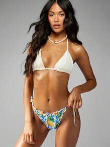 MISSGUIDED 意大利瓷器设计比基尼泳裤荷叶边侧系带奢华度假装沙滩装夏季度假泳池边泳装 - 黃色 - 查看 1