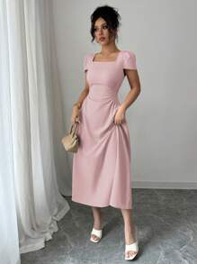 Elenzga Women's Elegant French Style Casual Commuting Vacation Afternoon Tea Solid Color Square Collar Waist Slimming Chic Puff Sleeve Mid-Calf Length Dress, Spring & Summer