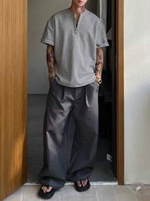 DAZY Men's Solid Color 1/3 Zip Neck T-Shirt, Gray Textured Fabric, Summer - Grey - View 7