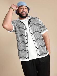 EASEVO Plus Size Men's Casual Fitted Short Sleeve Knit Curved Hem Cardigan, For Fall Winter - Black and White - View 5