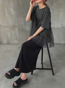 FRIFUL Women's Round Neck Mesh Patchwork Loose Short Sleeve T-Shirt Summer - Grey - View 2