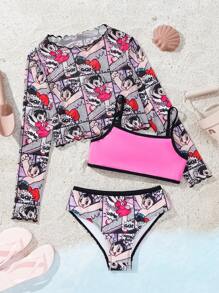 Astro Boy X SHEIN 青少年女孩拼色细肩带比基尼套装，含卡通印花长袖上衣 - 彩色 - 查看 3