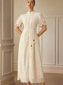 Aveloria Rosie 法式蕾丝浪漫长裙，正面有纽扣，短袖，收腰 - 杏色 - 查看 6