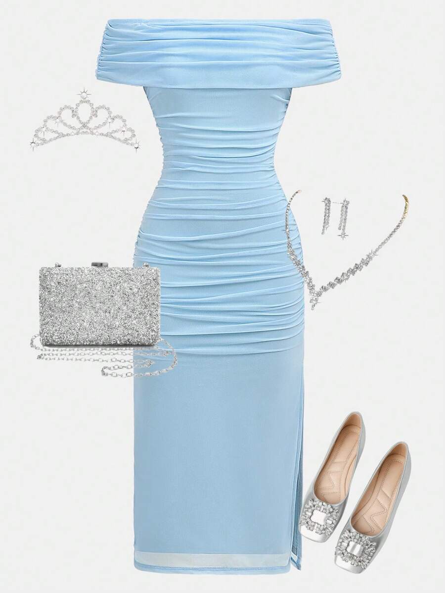 SHEIN Girlism TEENGIRL 蓝色优雅露肩褶皱网眼紧身连衣裙、派对连衣裙