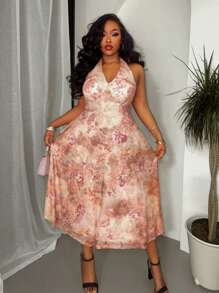 Slaydiva 2025 Spring/Summer New Arrivals Elegant & Romantic Sexy Party Mini Dress, Full Floral Print Halter Neck Beach Resort Dress, Plus Size - Multicolor - View 6