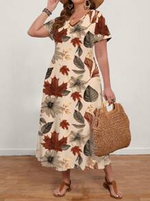 EMERY ROSE Gaun Wanita Ukuran Besar Kasual Motif Daun Maple Leher V Lengan Pendek, Cocok untuk Musim Panas, Gaun Santai, Gaun Musim Panas yang Elegan - MultiWarna - View 4
