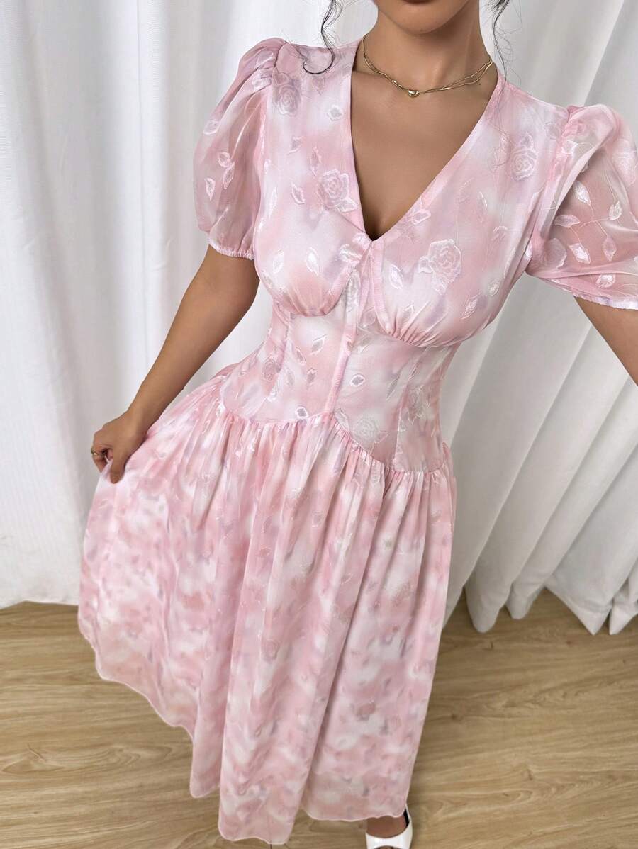 Modelyn Summer Elegant Jacquard Tie-Dye Print Puffed Sleeve Dress - Pink - View 1