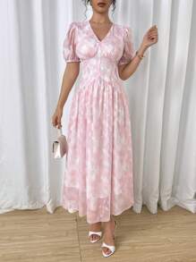 Modelyn Summer Elegant Jacquard Tie-Dye Print Puffed Sleeve Dress - Pink - View 6
