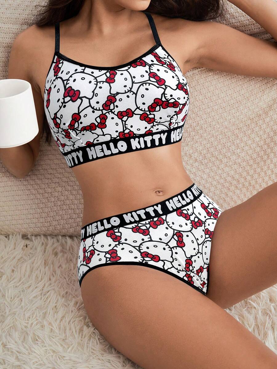HELLO KITTY AND FRIENDS | SHEIN 女士全身印花撞色字母胶带内衣套装 - 黑色 - 查看 1