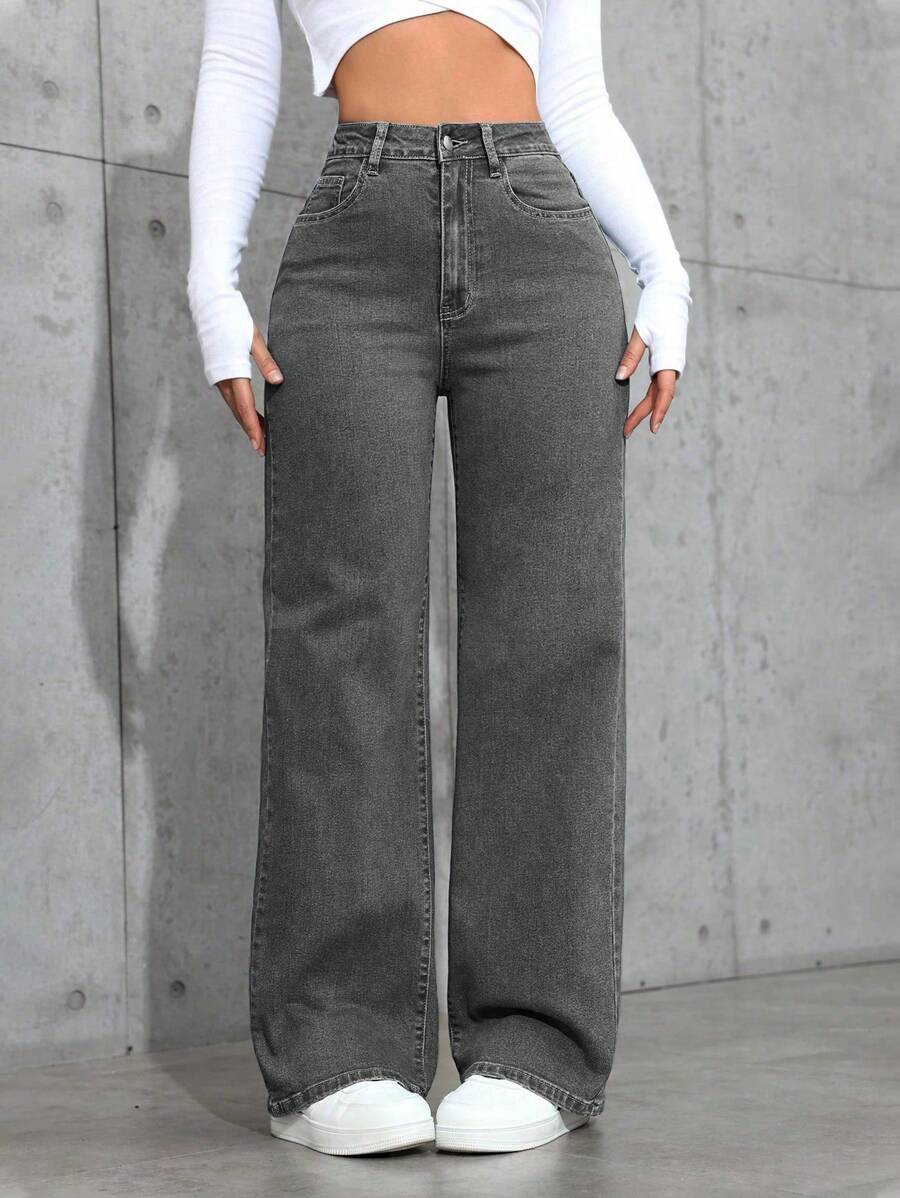 Jeanoix Casual Washed High Waist Straight Leg Jeans Y2k - Light Grey - View 1