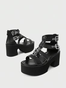 Sugerpunk 女士小众朋克风格扣环踝带圆头坡跟厚底凉鞋，PU 皮革，罗马风格，黑色，适合派对、休闲装、晚礼服，增高修腿，舒适百搭的高跟鞋 - 黑色 - 查看 4