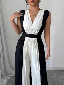 Auvina Tuta ampia da donna con vita stretta, scollo a V e pieghe, taglia forte, elegante per uso quotidiano, casual, pendolare e vacanza
