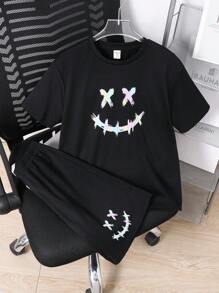 2 件套儿童青少年男童休闲日常百搭舒适度假图案印花宽松圆领短袖 T 恤和短裤套装