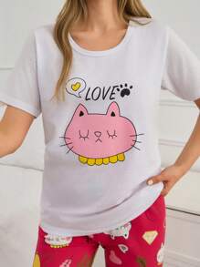 EURMUSE 2 pièces ensemble de pyjama coton femme avec haut imprimé chat mignon à manches courtes et pantalon à motif chat contrastant