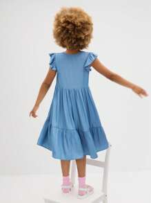 SHEIN 青少年女孩简约V领荷叶边盖袖休闲舒适连衣裙 - 藍色 - 查看 2