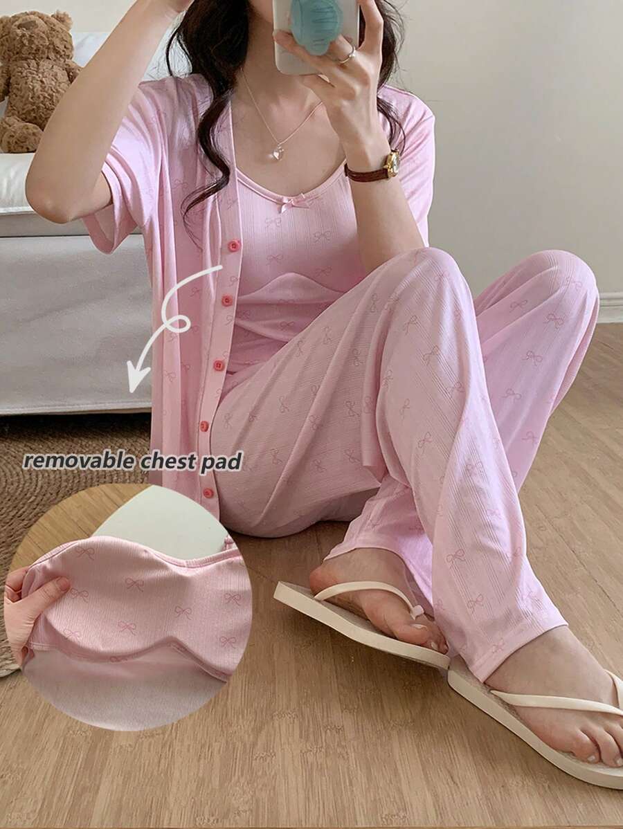 3件套青少年女童柔软针织蝴蝶结印花短袖开衫、裤子和吊带背心睡衣套装蝴蝶结夏装毕业礼物芭蕾舞裙女童连衣裙 - 粉色 - 查看 1