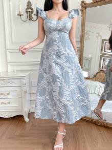 DAZY Elegante vestito da donna a metà lunghezza con scollo a barca, maniche a volant e texture, adatto per l'estate