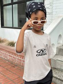 DAZY Camiseta de manga corta holgada con estampado casual de estilo callejero para niños preadolescentes, ropa de verano y para volver al colegio - Gris - Ver 5