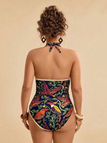 Travachic Plus Size Women Tropical Floral Plunge Cutout Monokini, Loose Fit Vacation Casual Swimwear