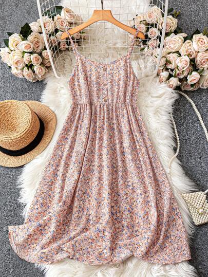 SHEIN LUNE 大码女式碎花吊带背心节日连衣裙