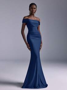 Elitara Elegant Ruched Off Shoulder Mermaid Hem Dress, Suitable For Wedding, Party, Bachelorette Party, Holiday, Prom, Bridesmaid (Adult) Gown - Navy Blue - View 4