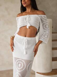 Swim Chiccia 2pcs/Set Summer Holiday Style Hollow Off Shoulder Tassel Bikini Cover Up, Solid Color Maxi Beach Dress - White - View 2