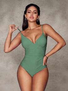 Shapewave 1pc Red Shapewear Back Lacing Front Ruched Wireless Bikini Swimsuit For Mature Sexy Women For Summer Beach Vacation