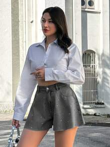 EURMUSE 100%Cotton MID WAIST DIAMOND DETAILED SHORT - Light Grey - View 3