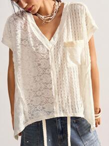 Bohemela Áo thun rộng tay ngắn cổ chữ V họa tiết chắp vá viền bất đối xứng cho nữ - Màu be - Xem 3