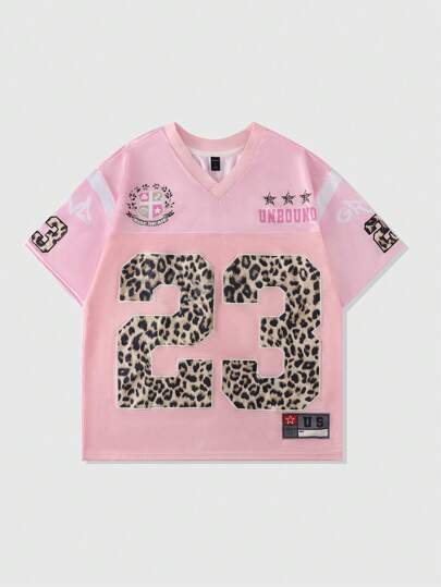 Prep Men's Mesh Patchwork Number Leopard Sport Short Sleeve T-Shirt, Athletic Jersey