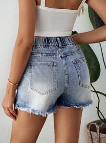 SHEIN Maternity Frayed Hem Casual Shorts, Suitable For Summer - Blue - View 2